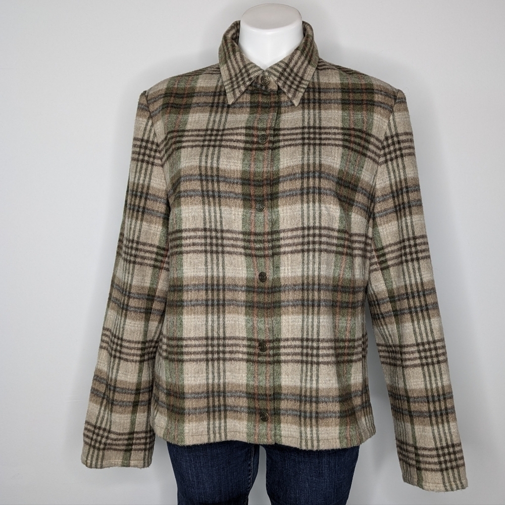 Vintage Evan Picone tan green brown wool blend collared button up 12